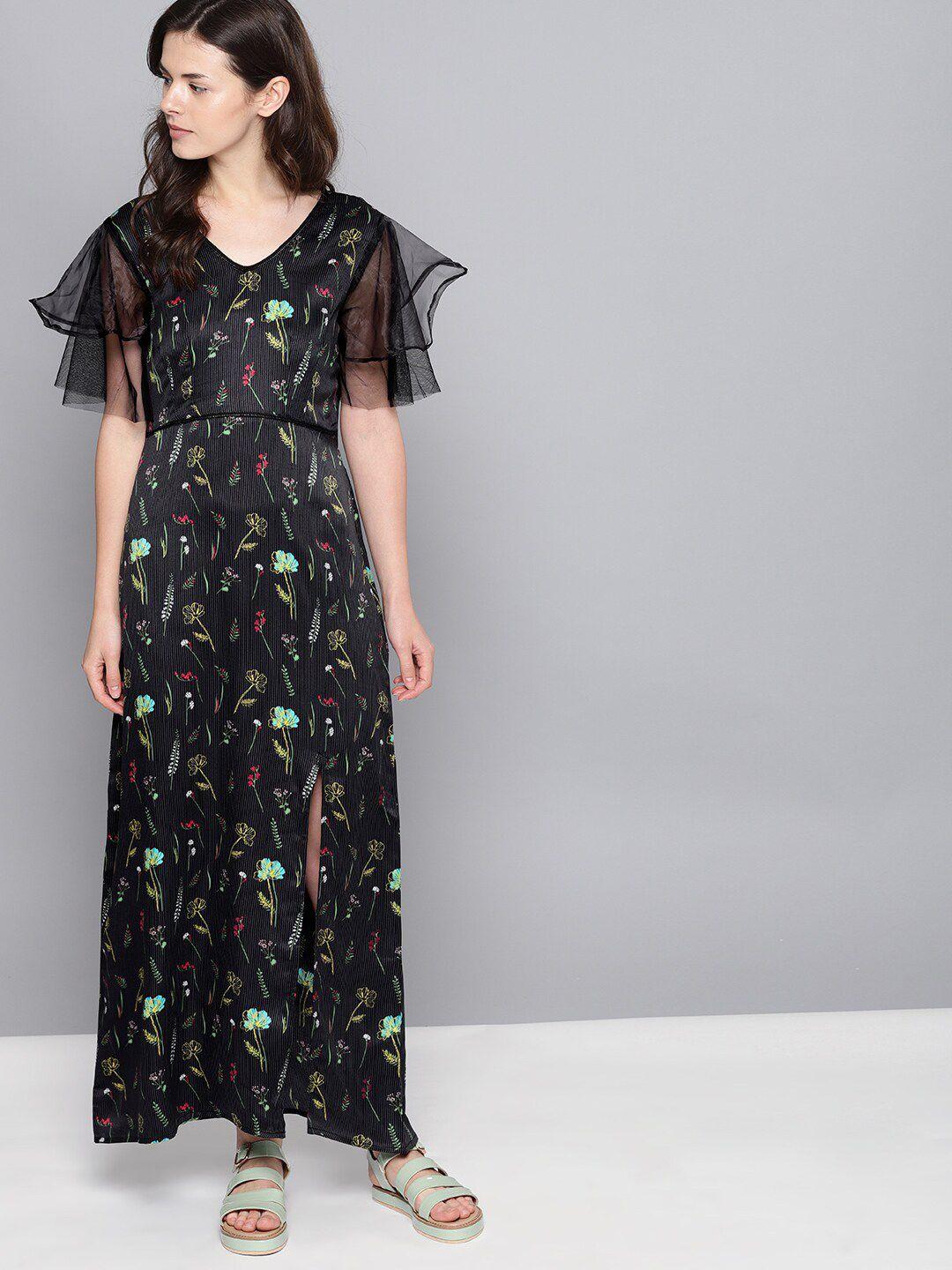 mast & harbour black floral print satin maxi dress