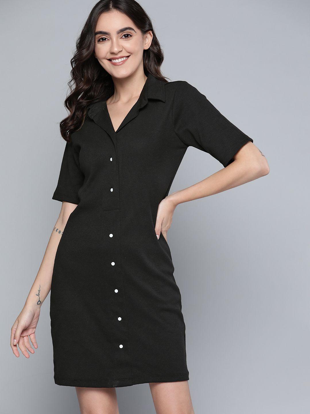 mast & harbour black solid ribbed pure cotton shirt dress