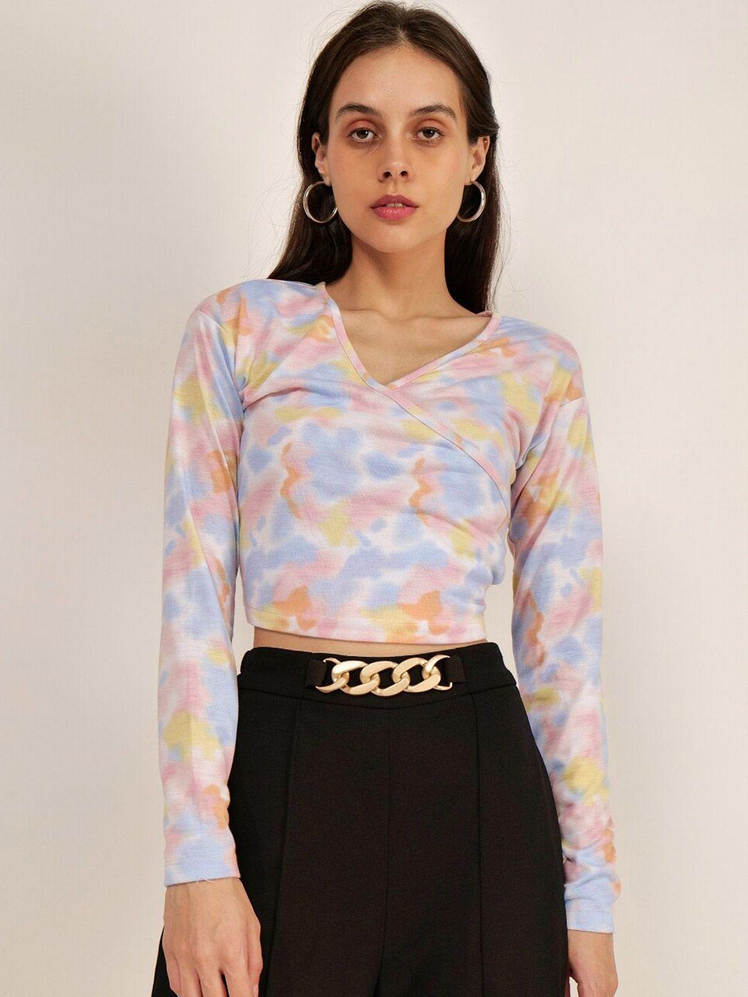 mast & harbour blue & pink abstract printed wrap crop top