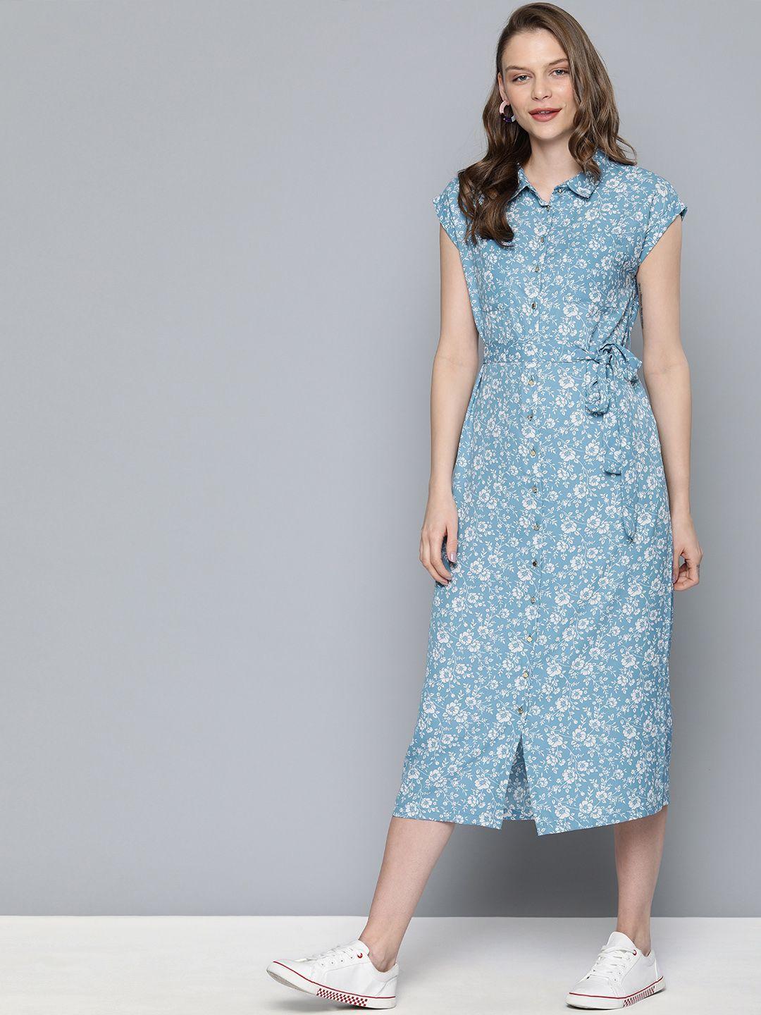 mast & harbour blue & white floral print shirt dress