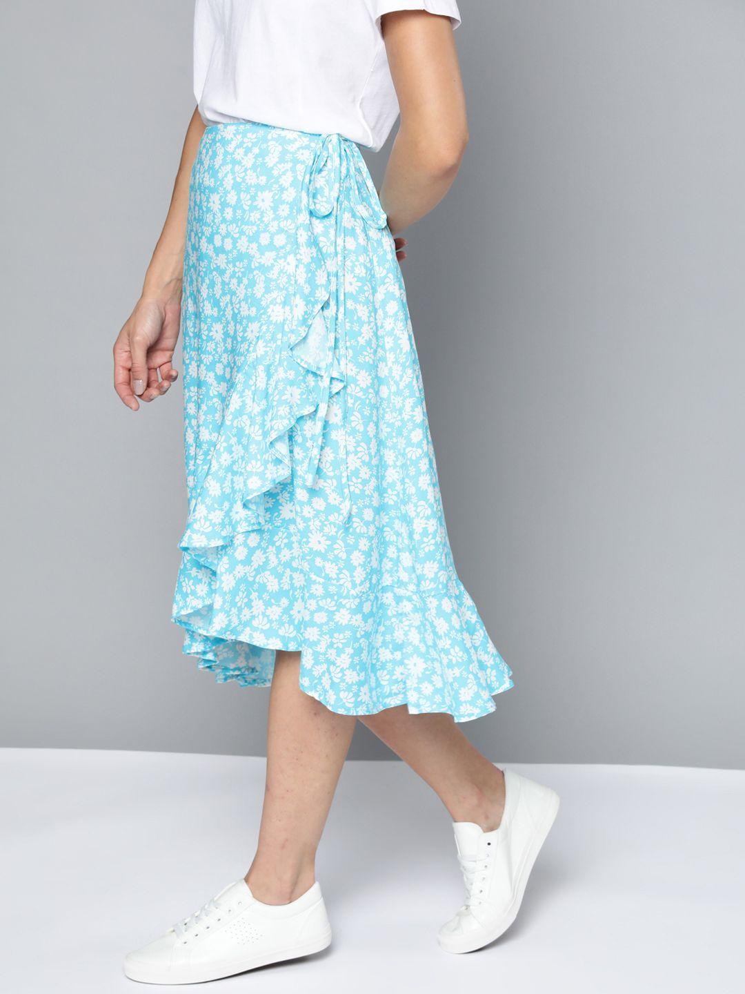 mast & harbour blue & white floral printed midi tie-up ruffle detail skirt