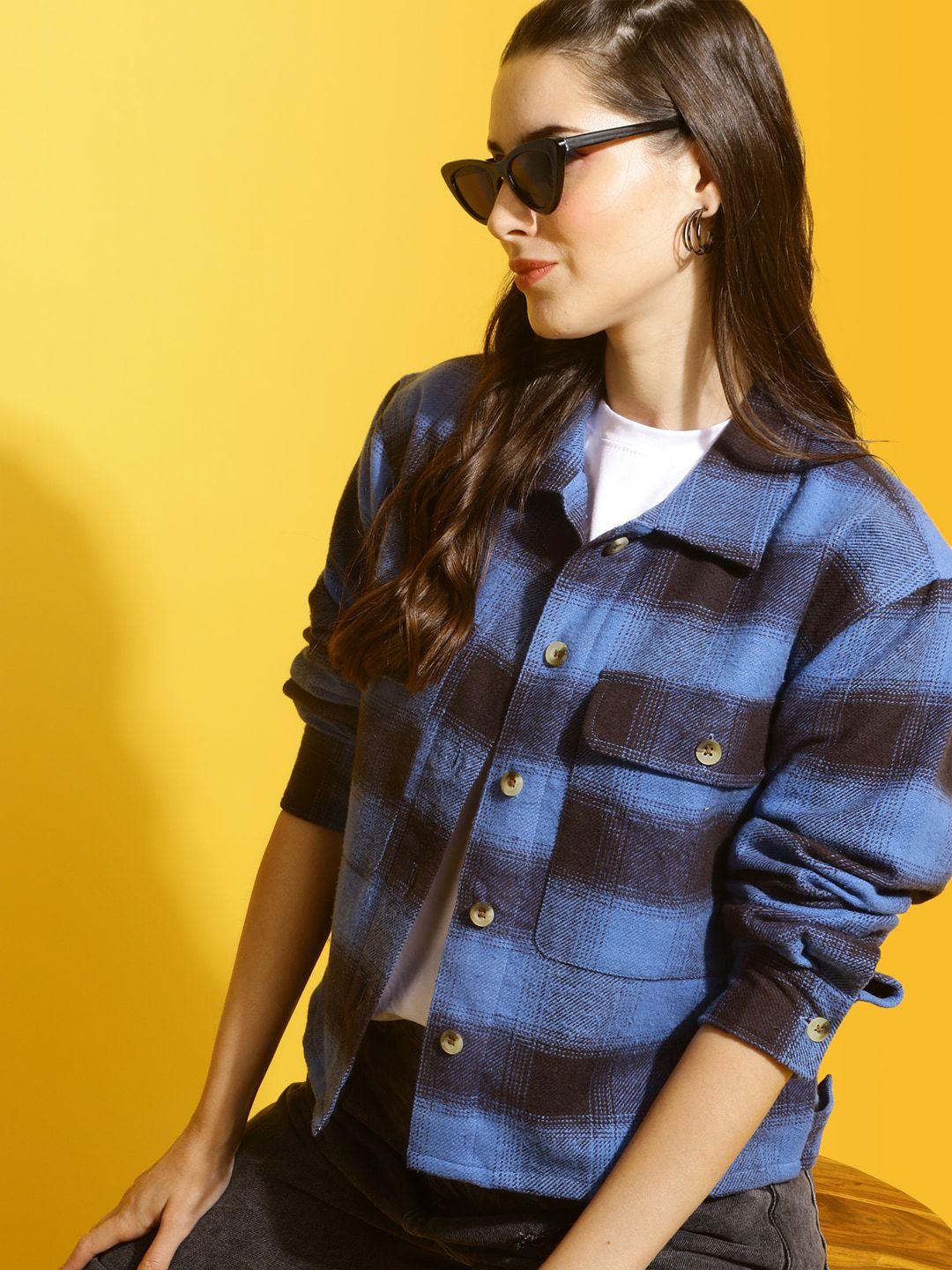 mast & harbour blue checked spread collar long sleeves cotton shacket