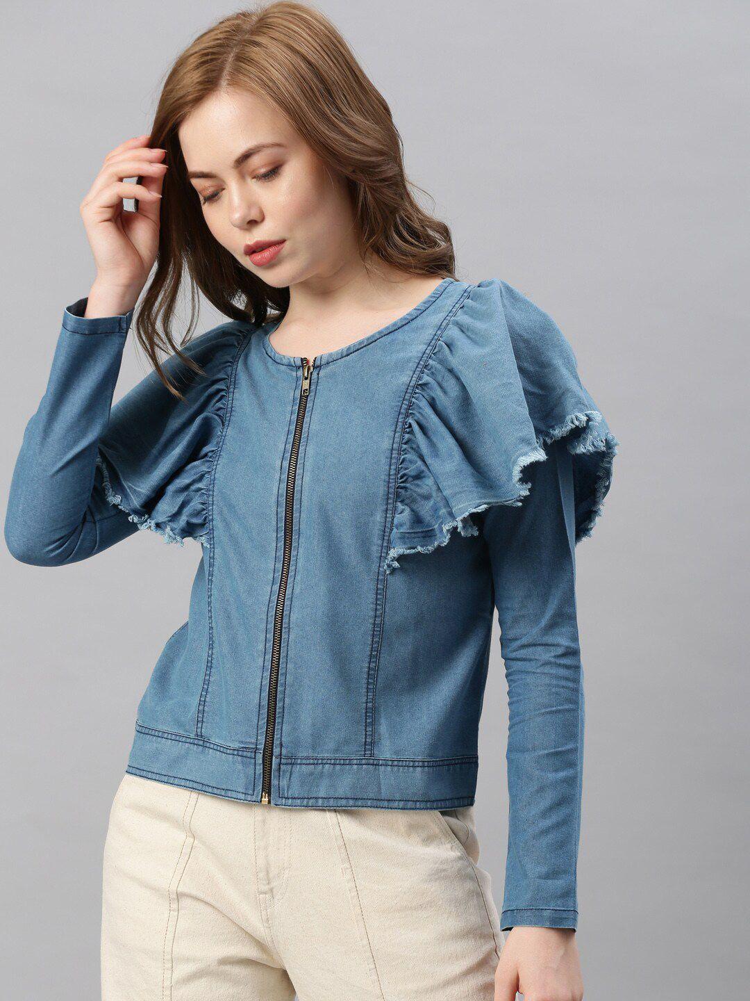 mast & harbour blue ruffle detail cotton denim top