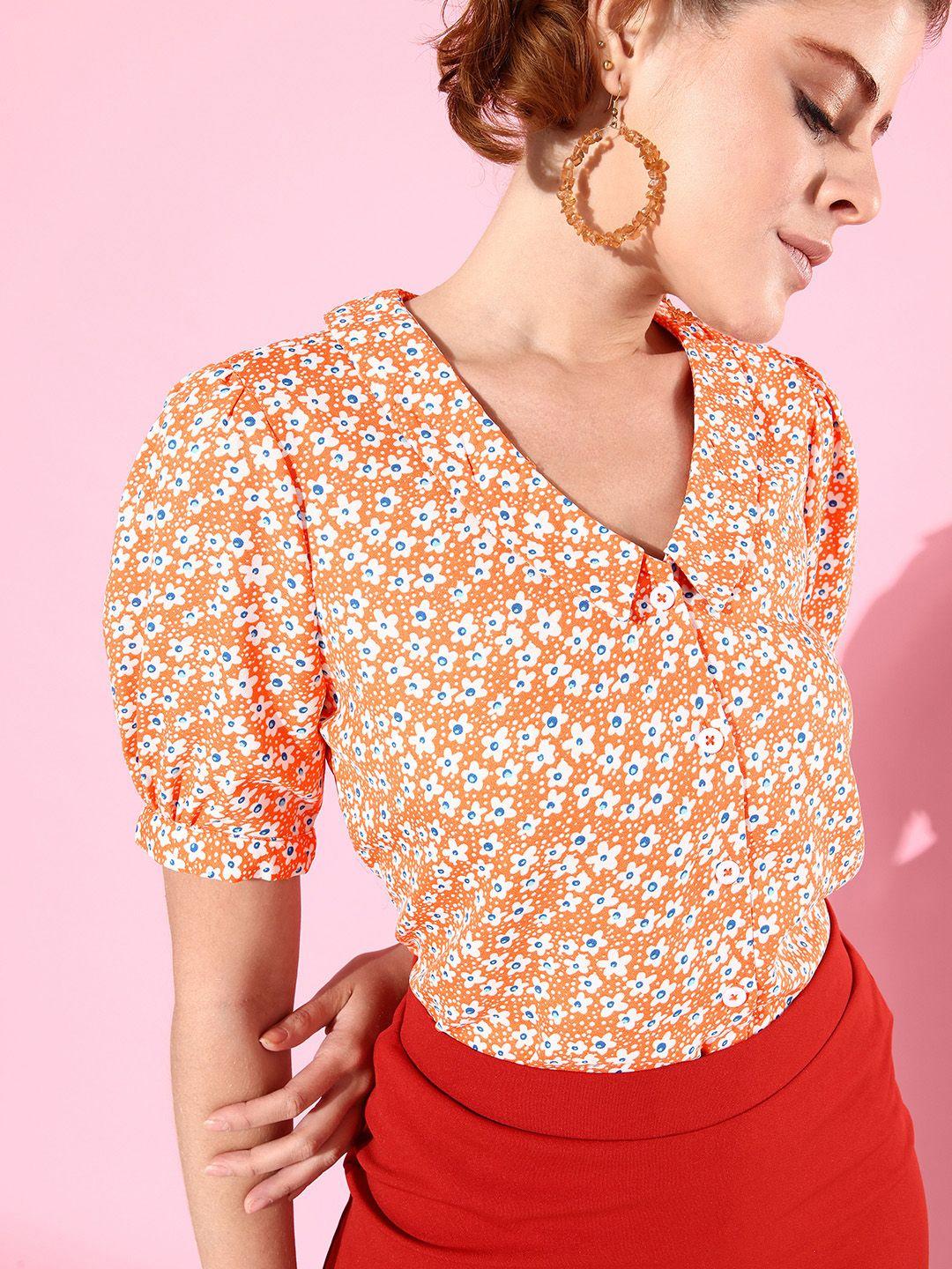 mast & harbour bright orange floral print retro optimism statement collars shirt style top