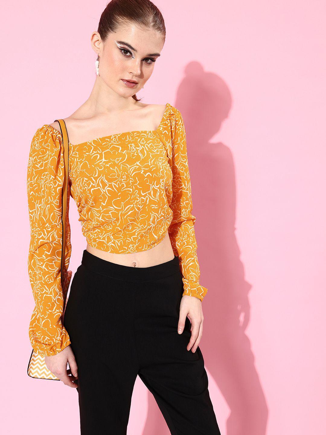 mast & harbour bright yellow print puff sleeve emo 2.0 once upon a sleeve crop top