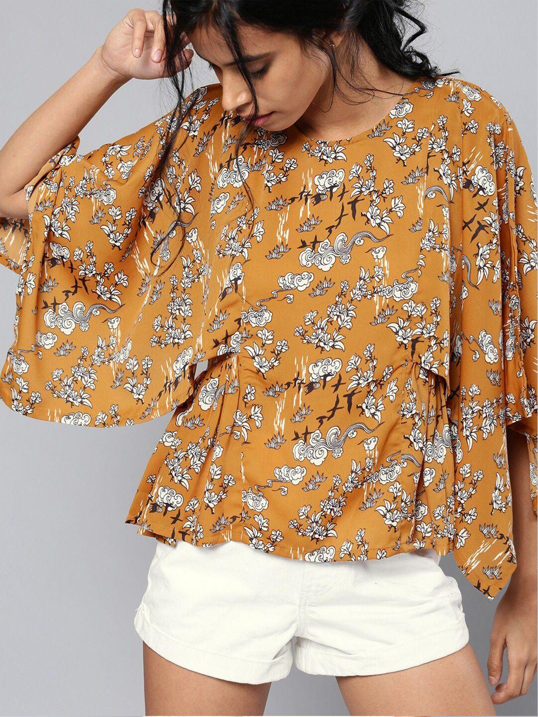 mast & harbour brown floral print tie-up neck puff sleeve cinched waist top
