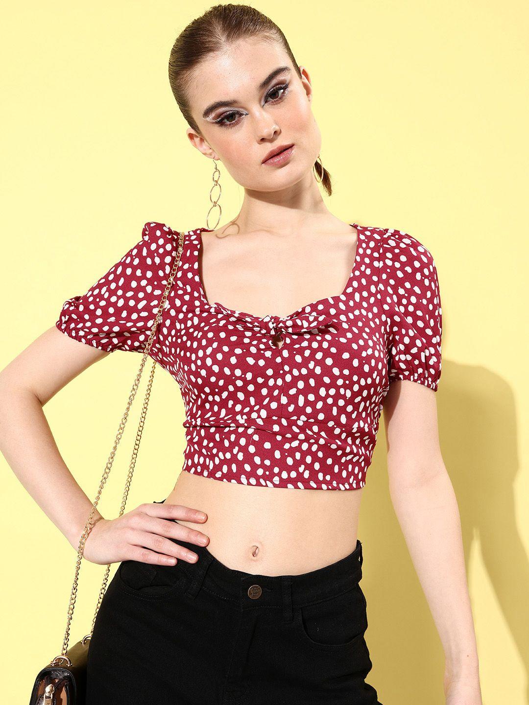 mast & harbour cherry red geometric print puff sleeve smocked twists & knots crop top