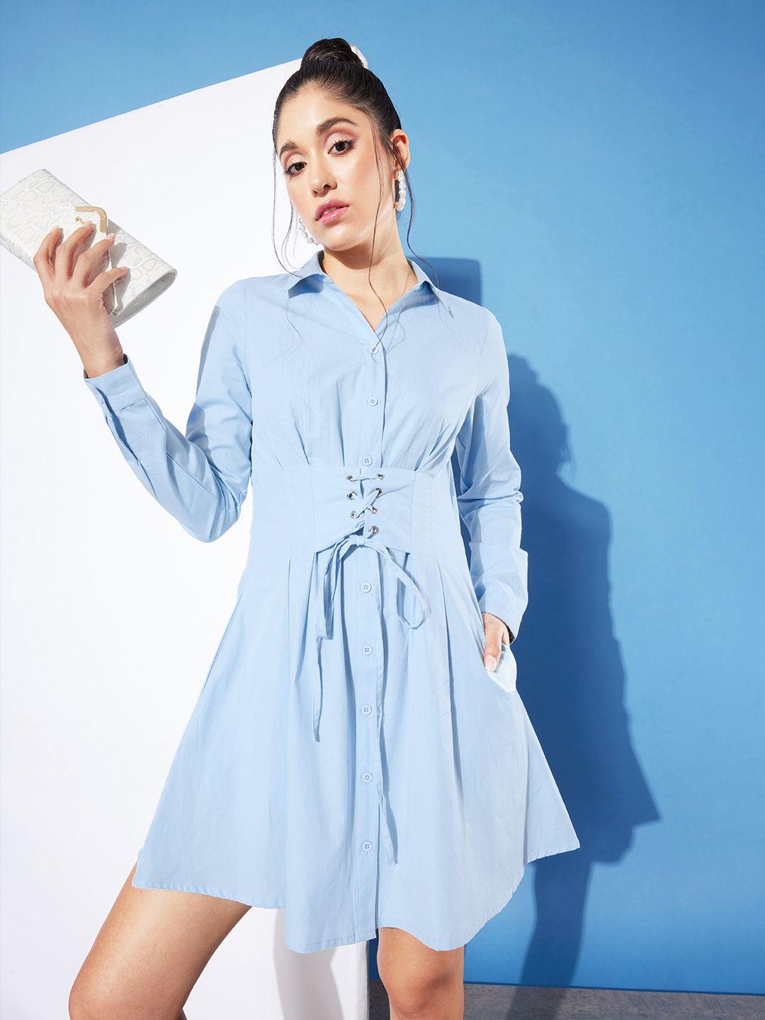 mast & harbour cool blue solid pure cotton casually corset shirt dress with tie-up detail
