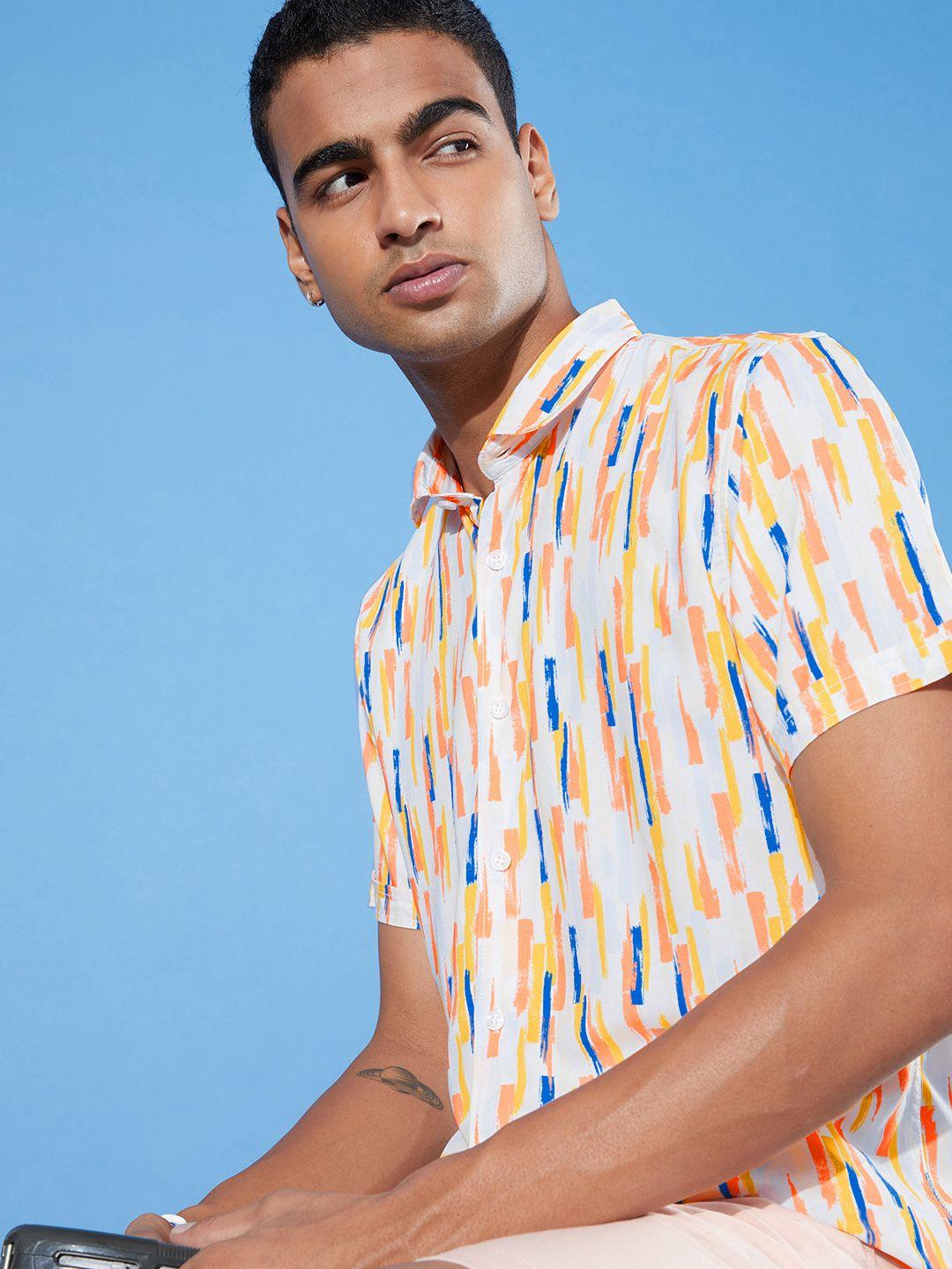 mast & harbour cool white abstract printed infused checks casual shirt