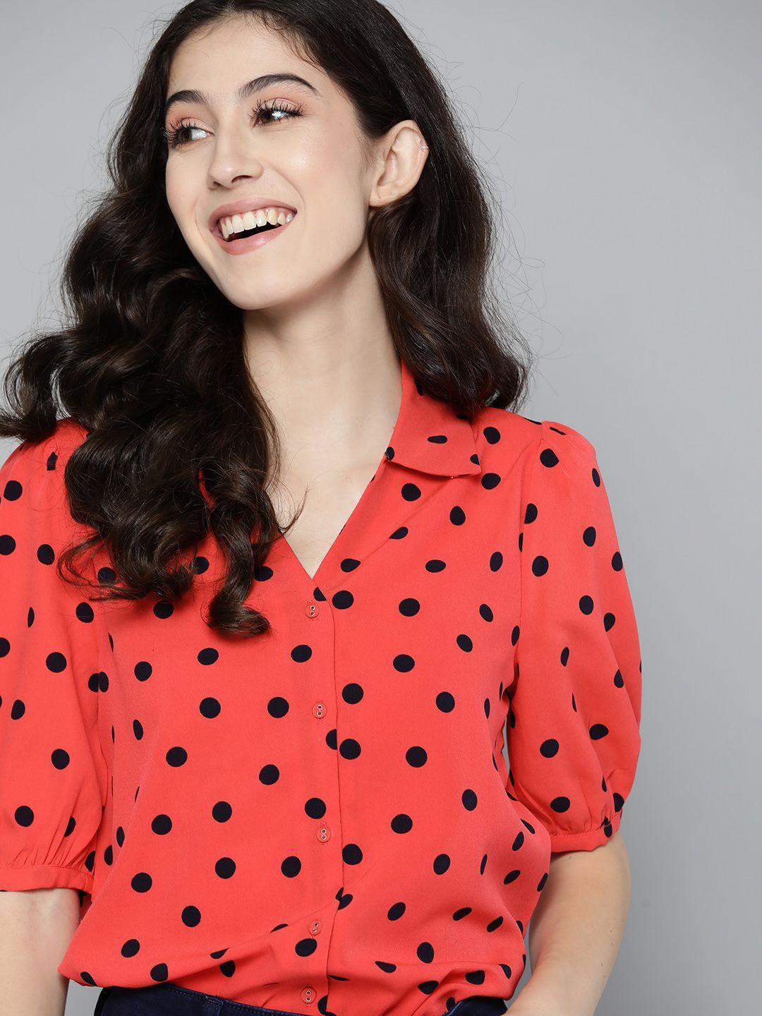 mast & harbour coral red & black polka dots print shirt style top