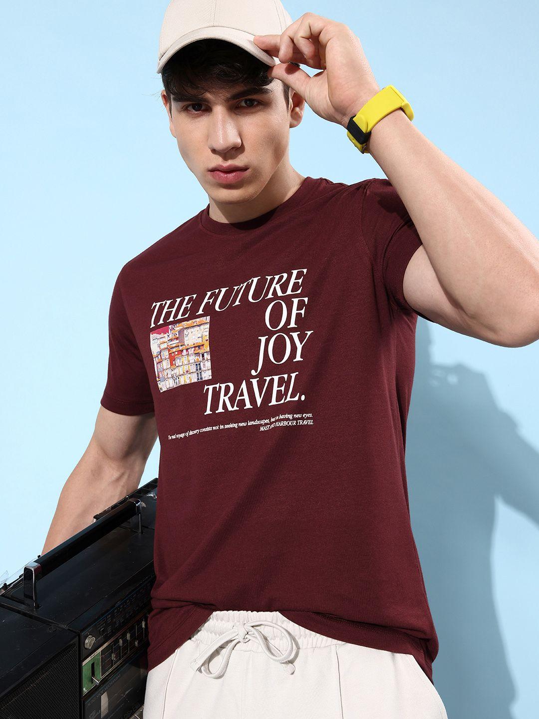 mast & harbour deep maroon typography mcw forever vacay snapshot summers printed t-shirt