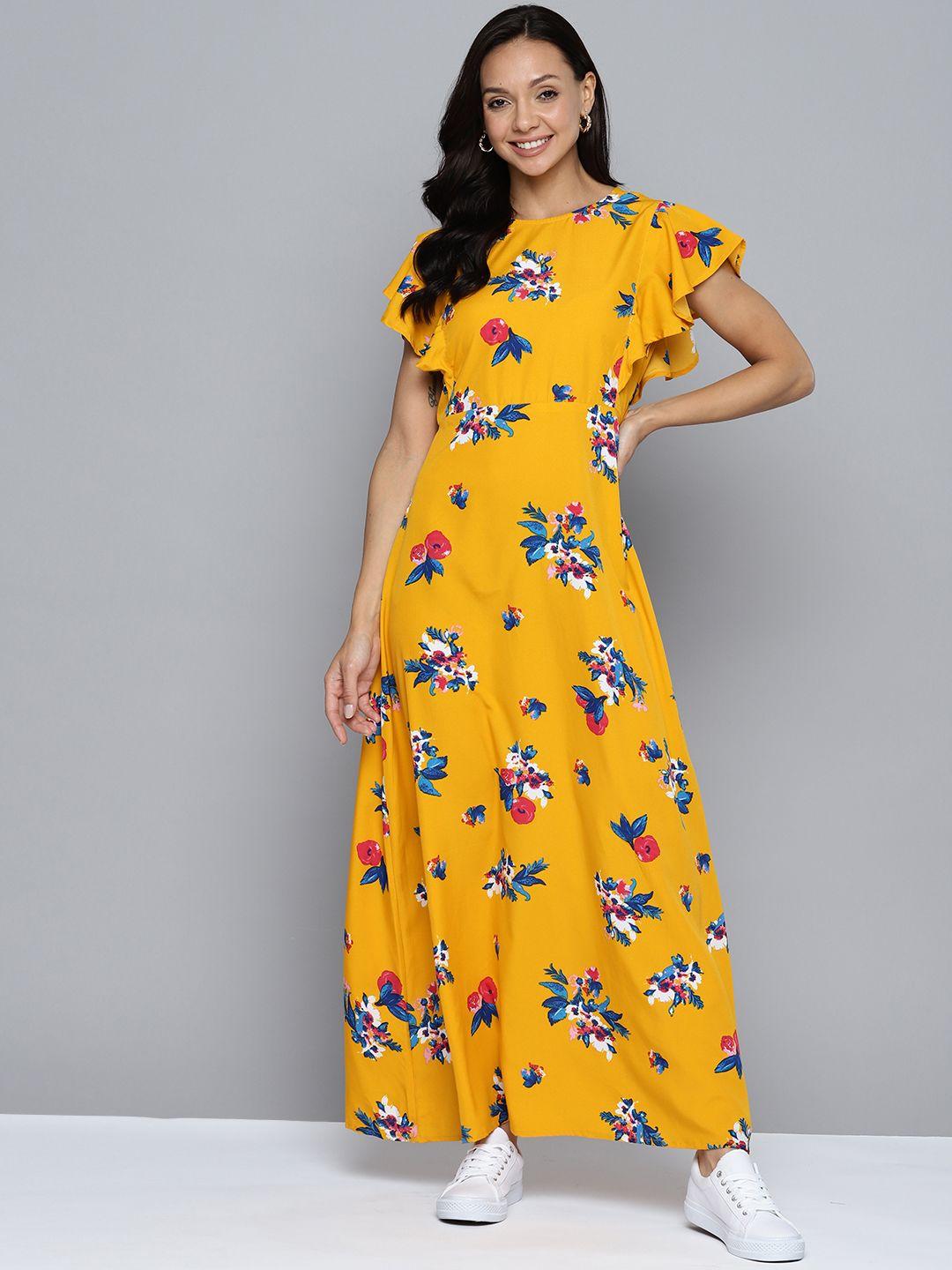 mast & harbour floral print flared sleeve crepe a-line maxi dress