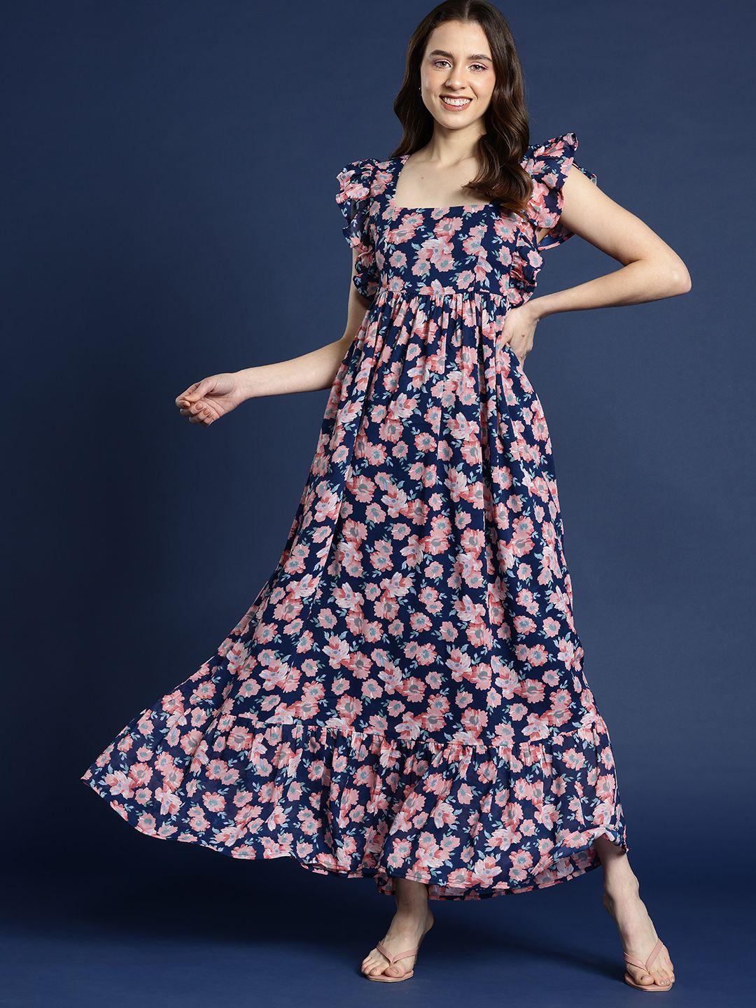 mast & harbour floral print flutter sleeves georgette a-line maxi dress