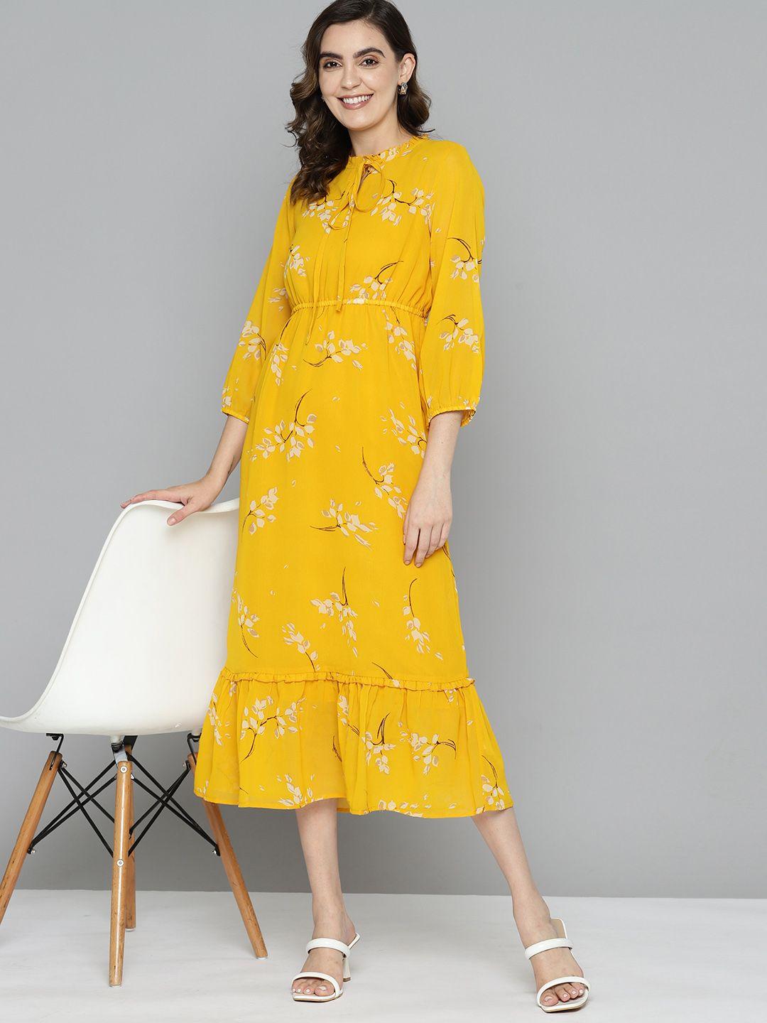 mast & harbour floral print keyhole neck puff sleeve crepe a-line midi dress