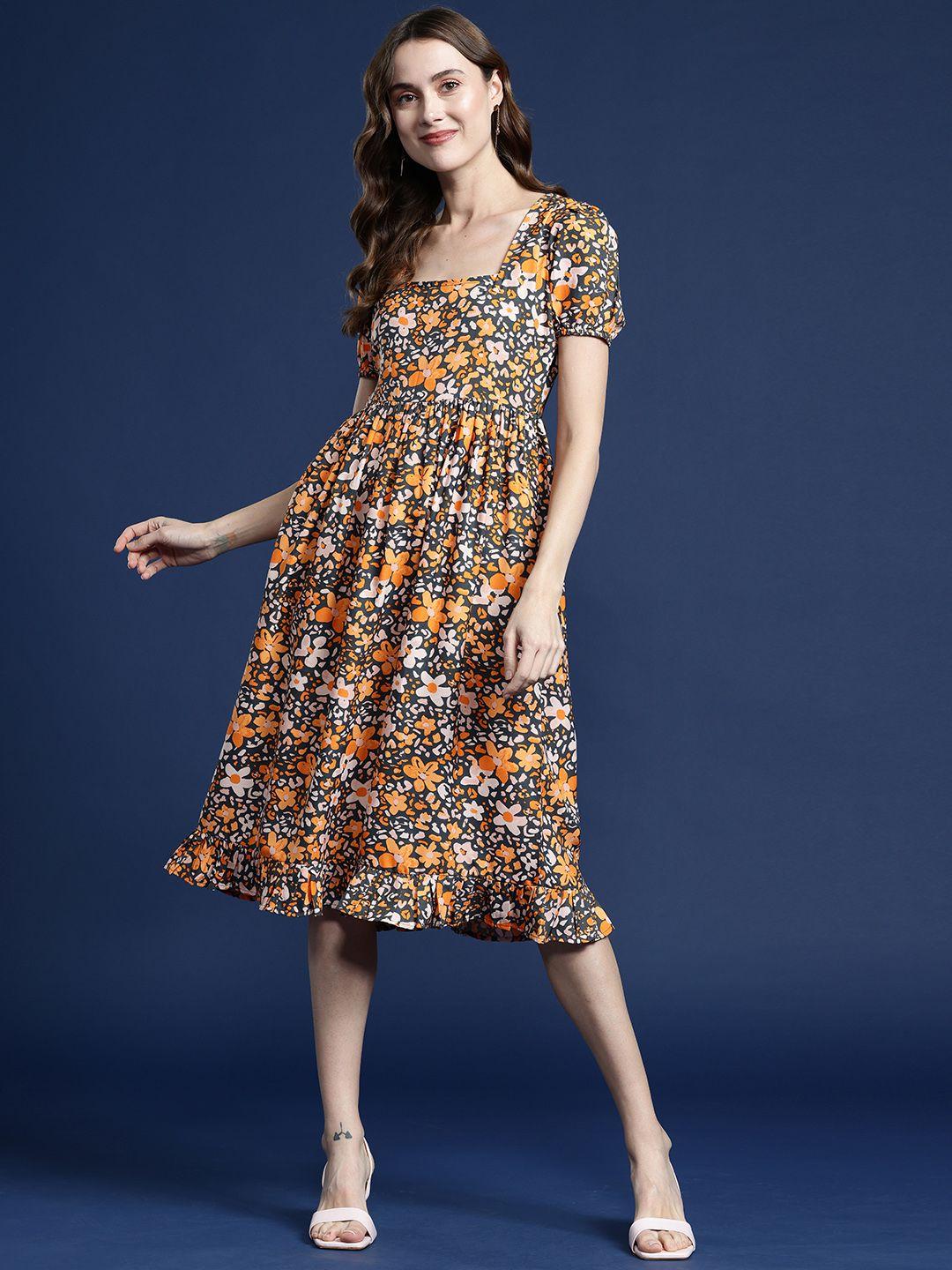 mast & harbour floral print puff sleeve a-line midi dress