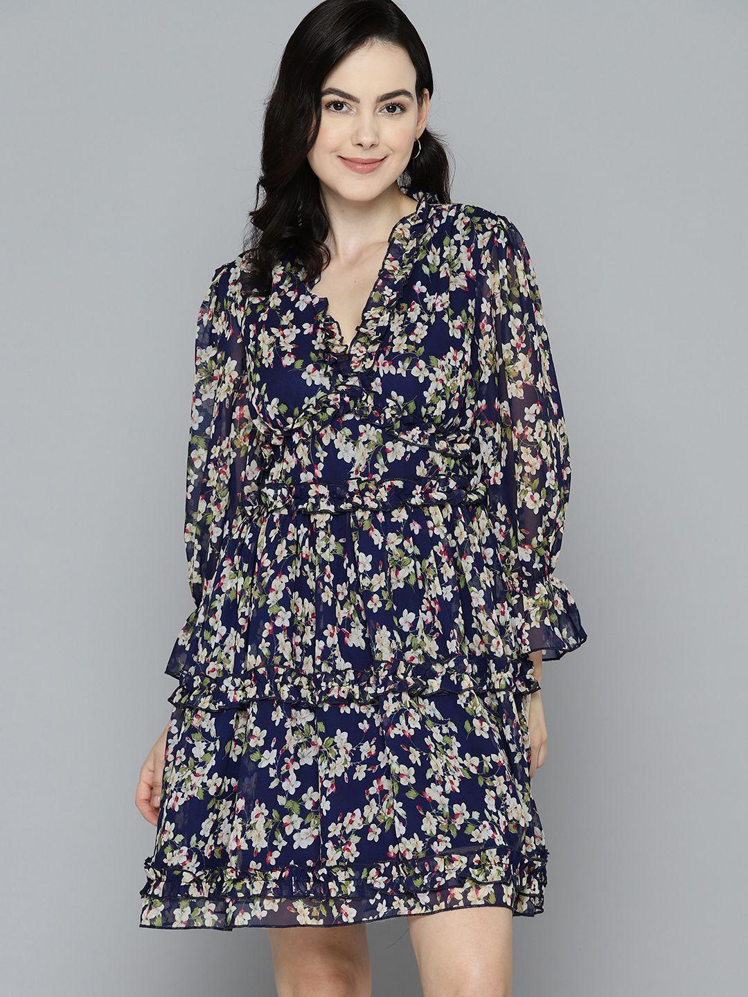 mast & harbour floral print puff sleeve georgette a-line dress