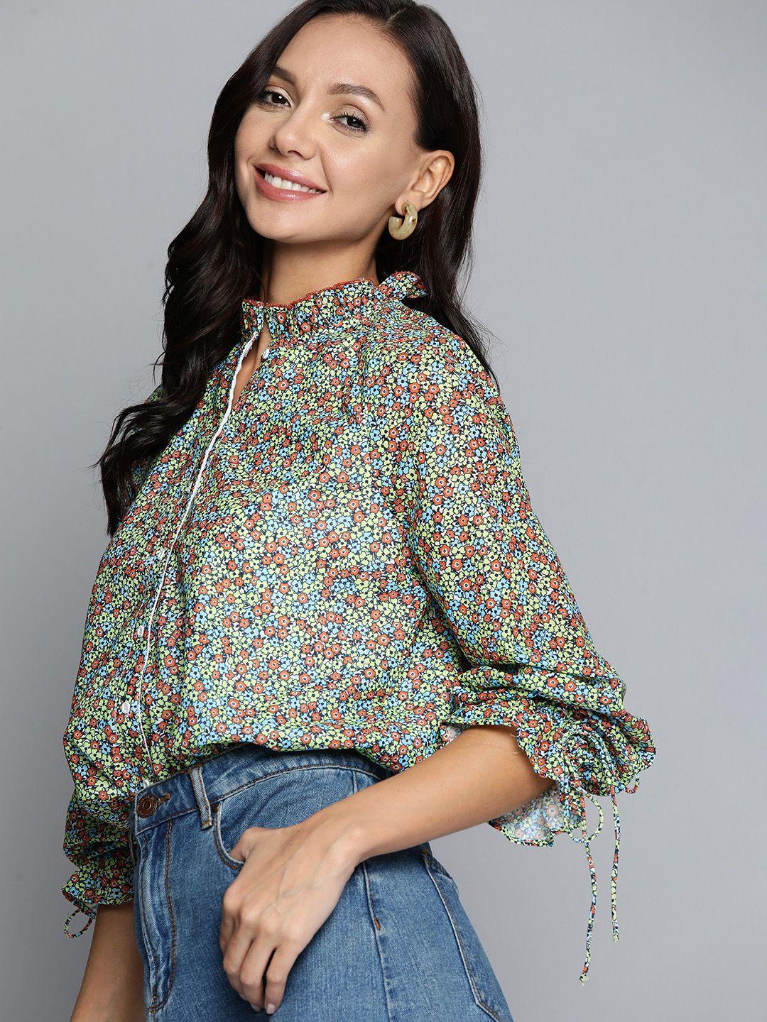 mast & harbour floral print puff sleeve shirt style top