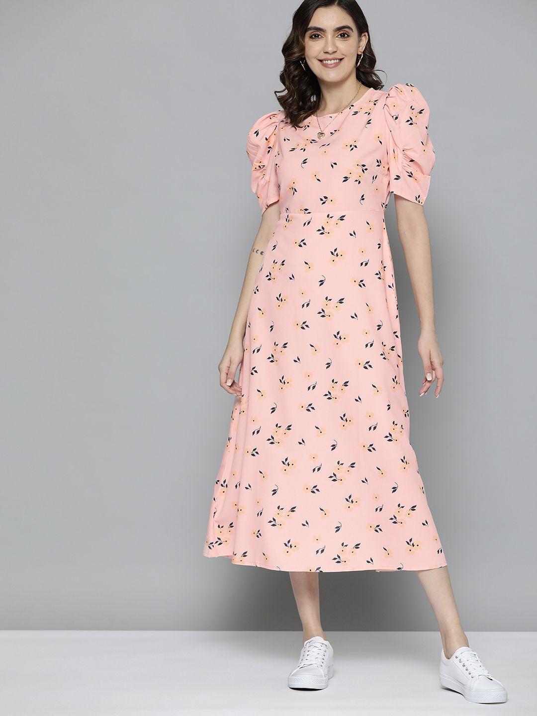 mast & harbour floral print puff sleeves a-line midi dress