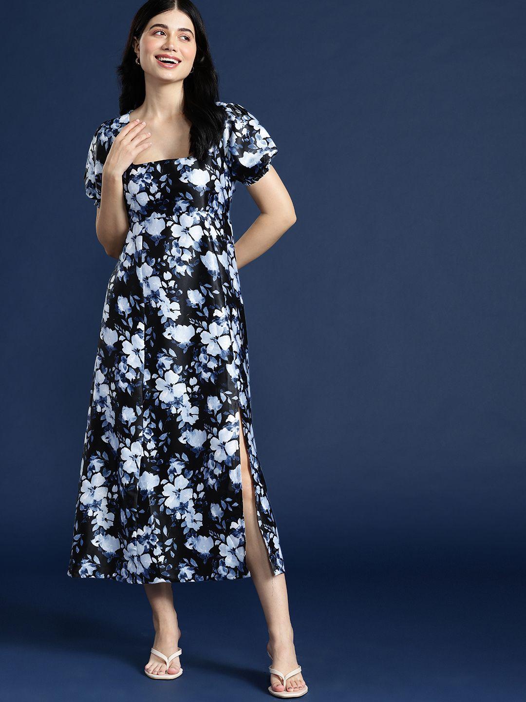 mast & harbour floral print side slit a-line midi dress