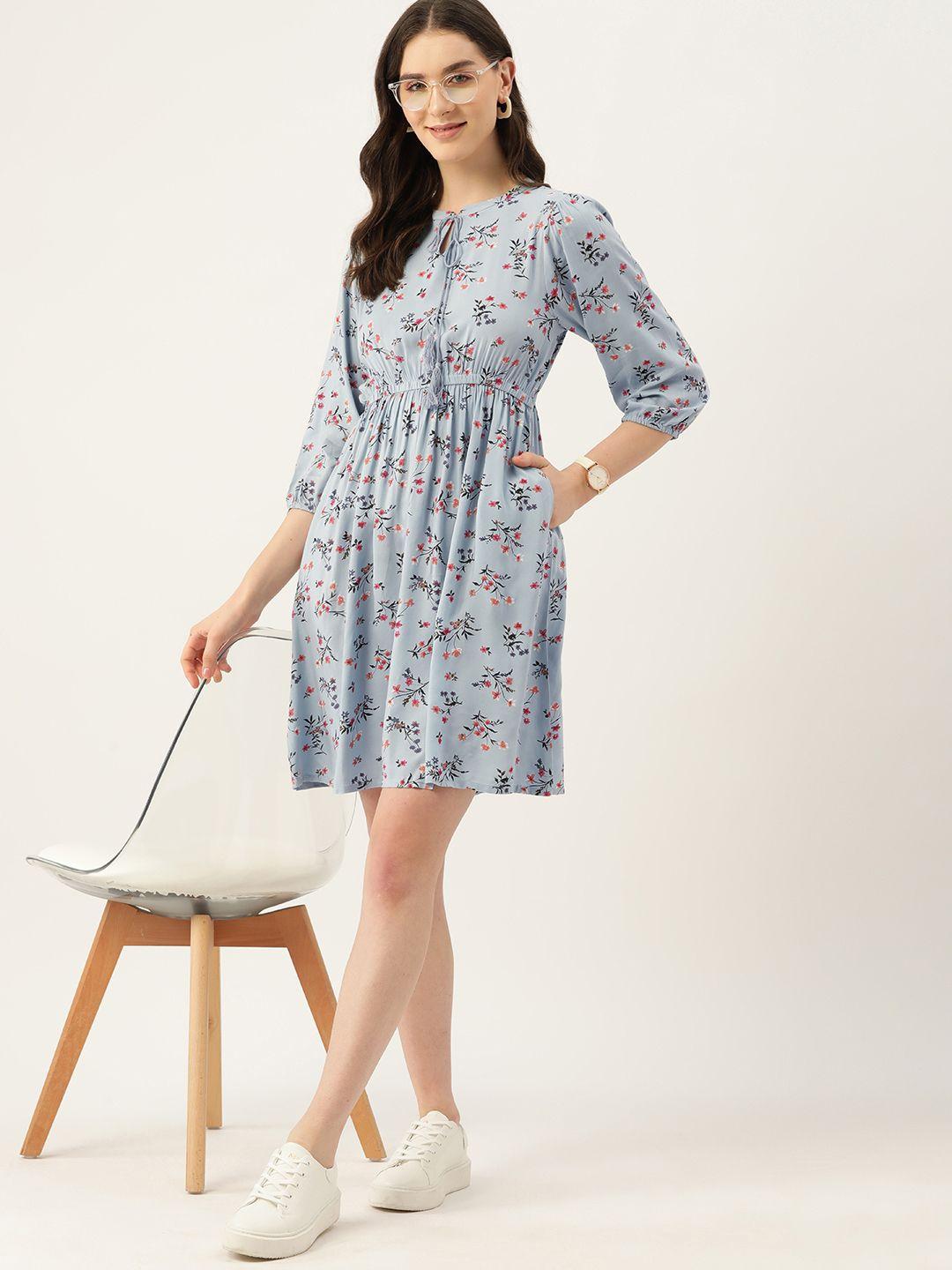 mast & harbour floral print tie-up neck puff sleeves fit & flare dress