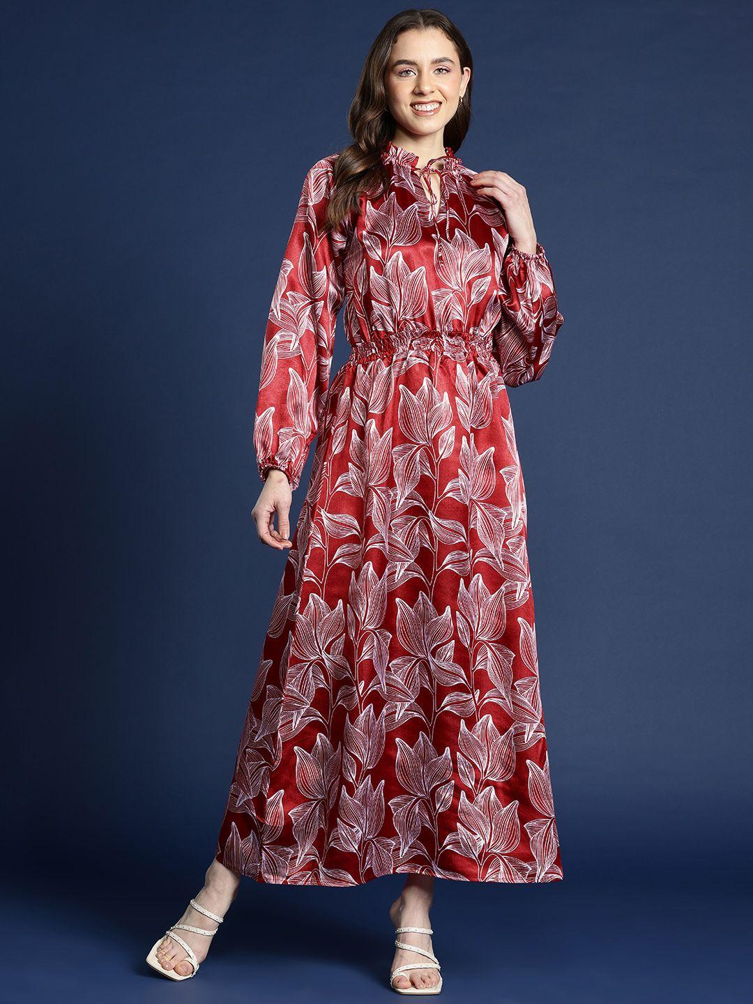 mast & harbour floral print tie-up neck puff sleeves satin maxi dress