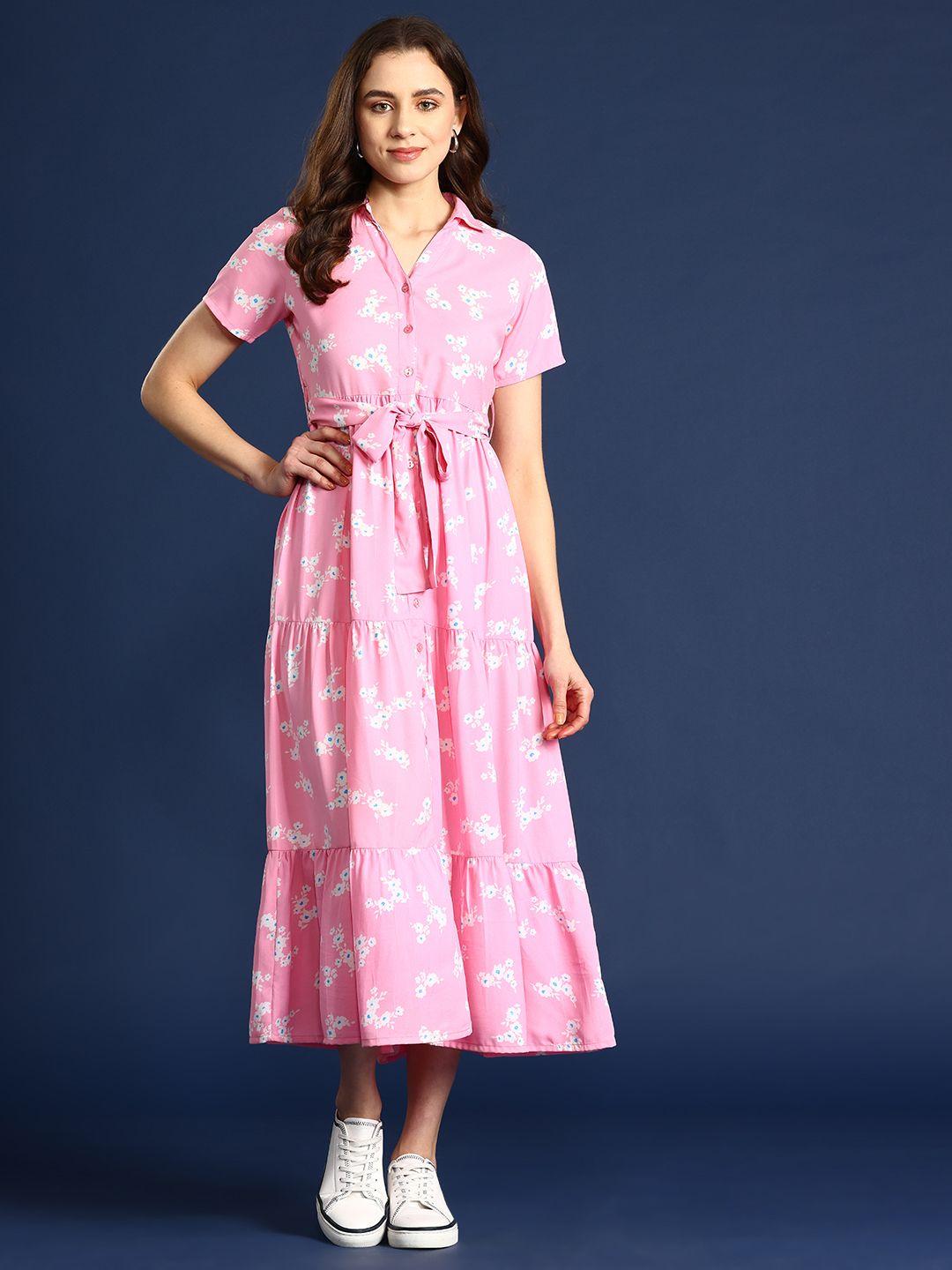 mast & harbour floral print tiered shirt midi dress with belt