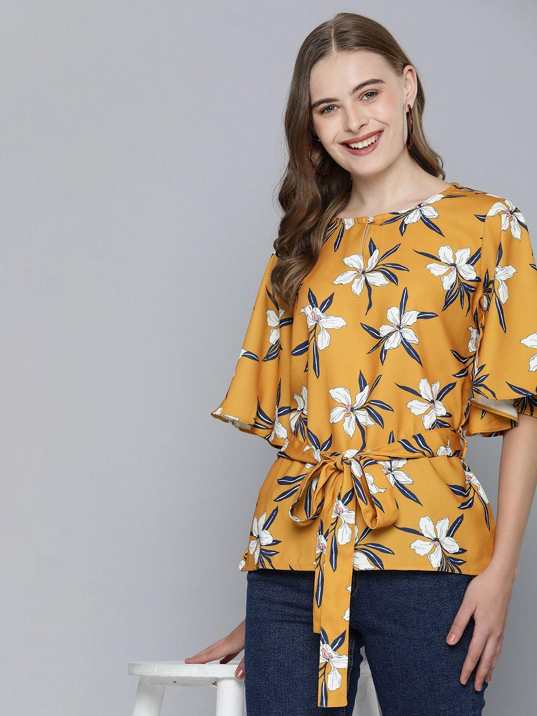 mast & harbour floral printed flutter sleeves belted detail top