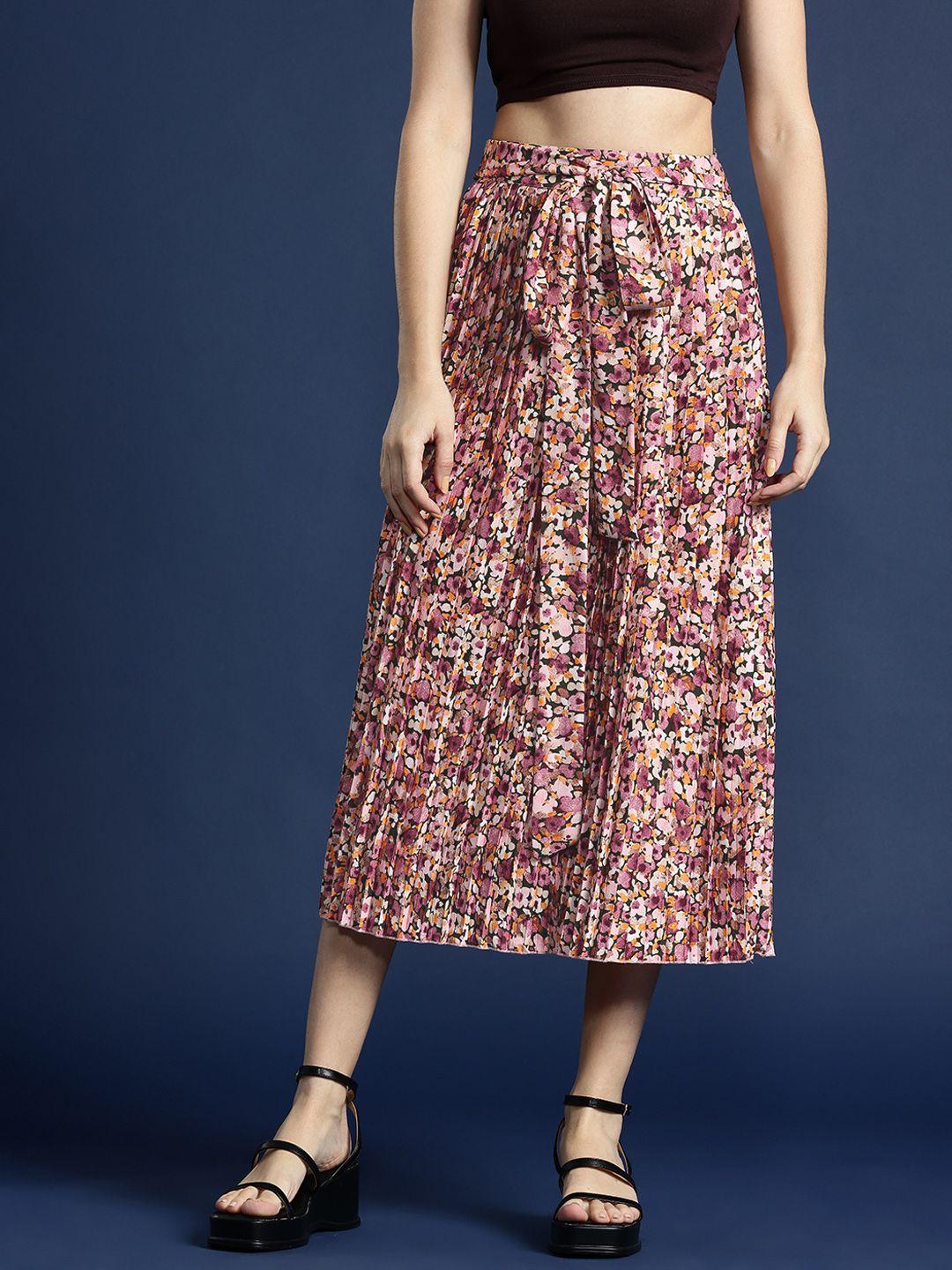 mast & harbour floral printed tie-up detail accordion pleated a-line midi skirt