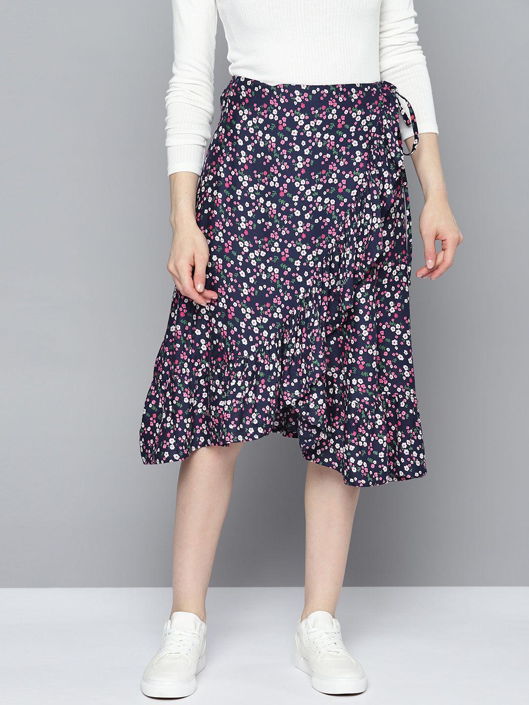 mast & harbour floral printed tulip hem ruffles detailed wrap midi skirt