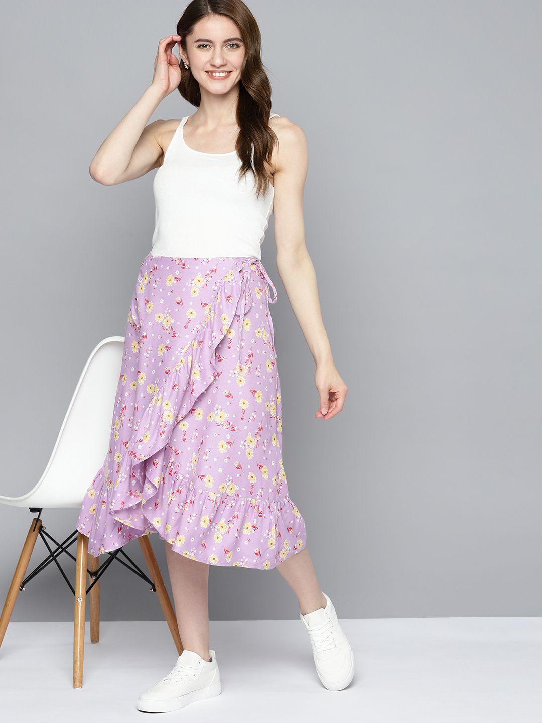 mast & harbour floral printed tulip hem ruffles detailed wrap midi skirt