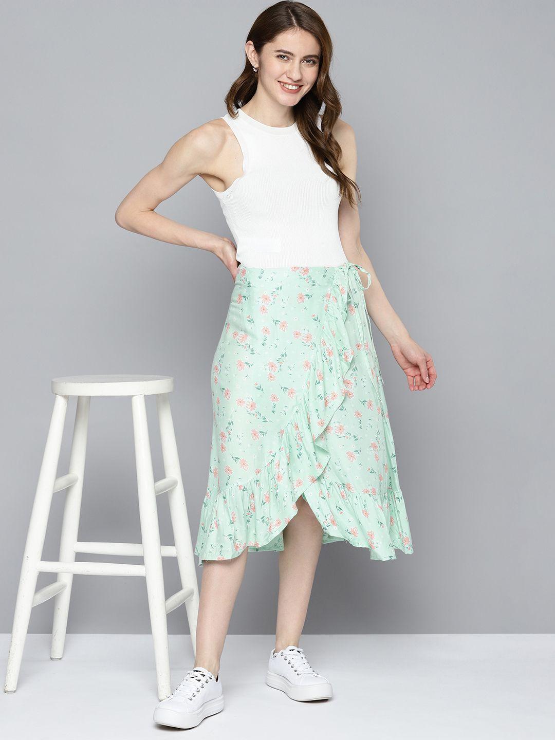 mast & harbour floral printed tulip-hem ruffles detailed wrap midi skirt