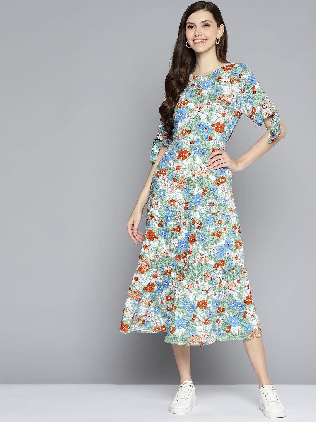 mast & harbour green & blue floral print a-line midi dress