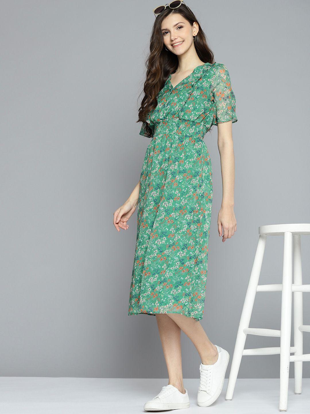 mast & harbour green & rust orange floral print ruffled a-line midi dress