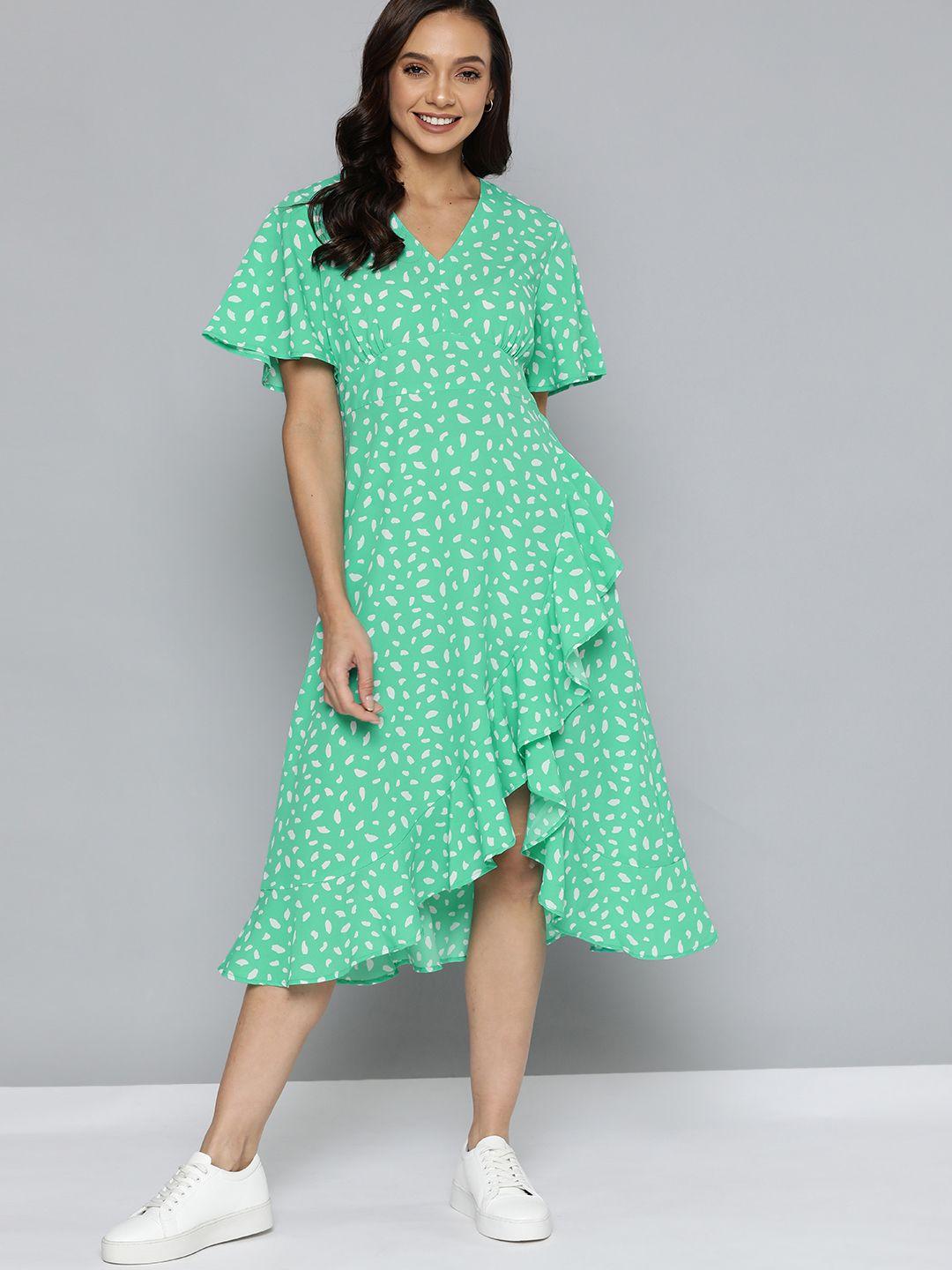 mast & harbour green & white abstract print a-line midi dress