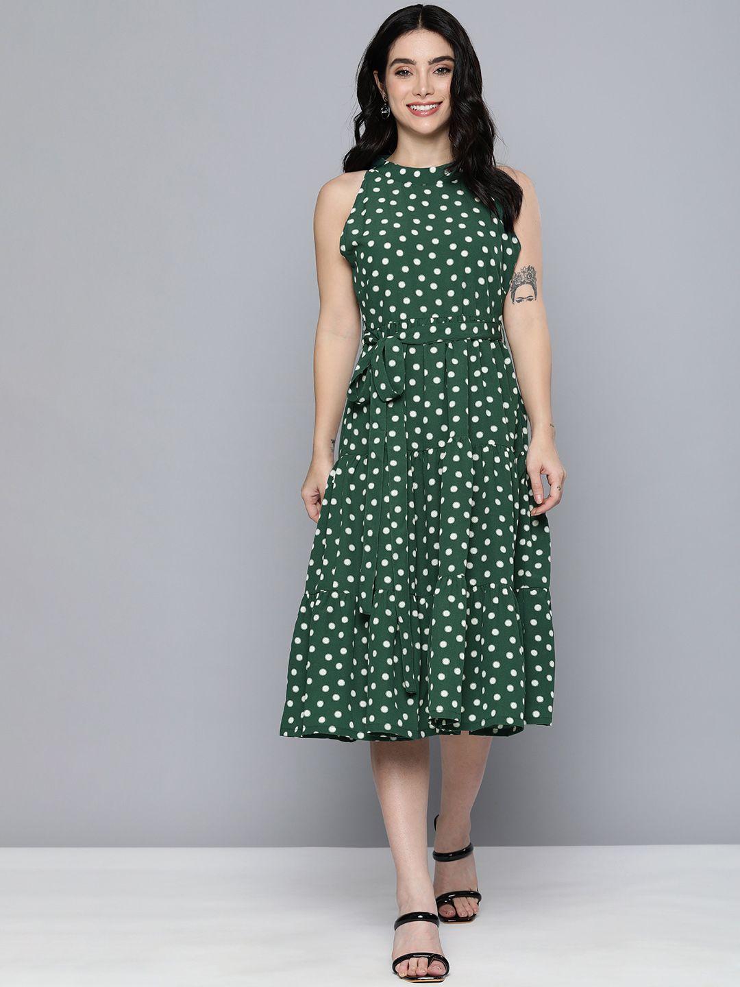 mast & harbour green & white polka dots printed tiered midi fit & flare dress