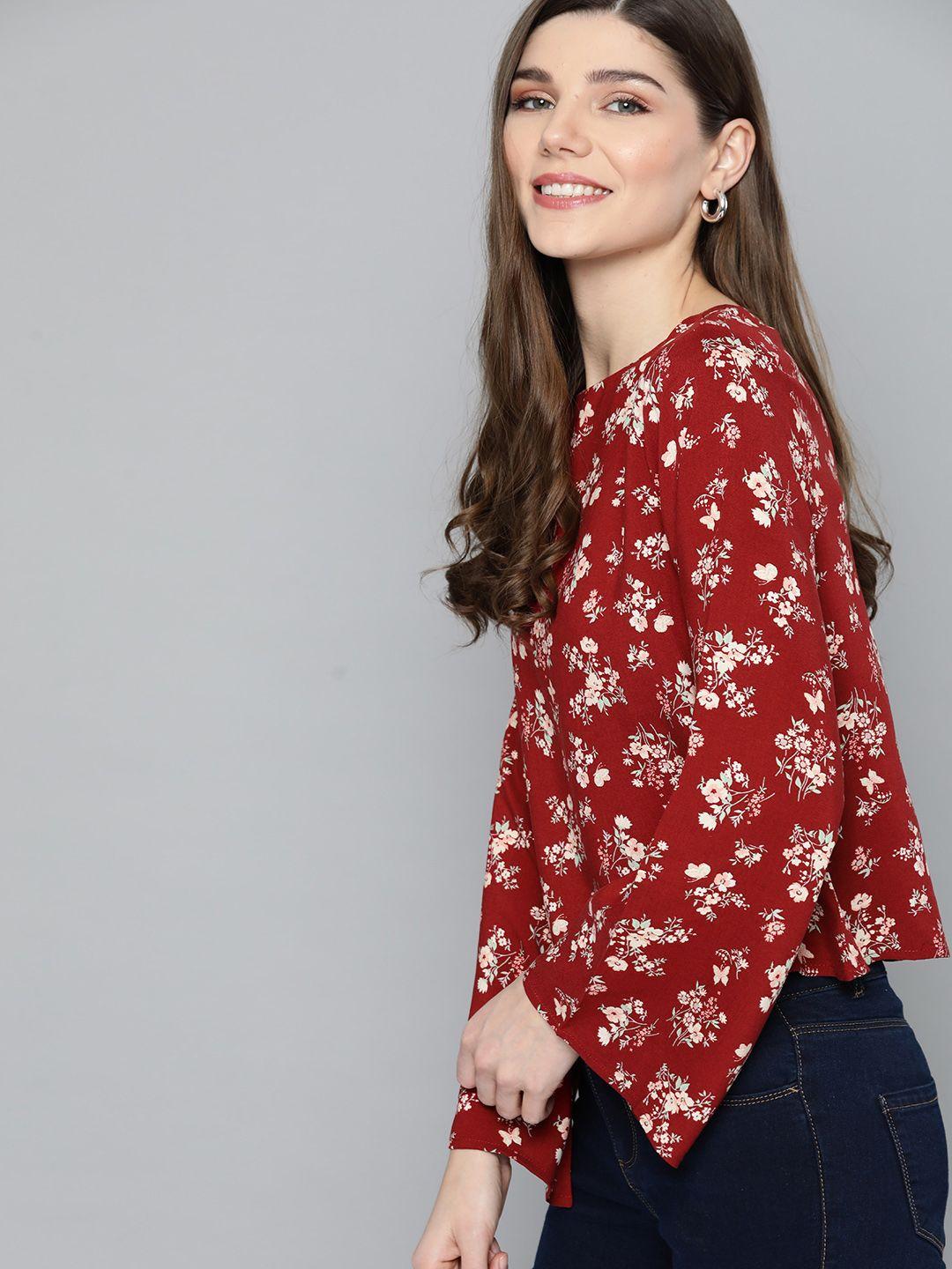 mast & harbour maroon & cream-coloured floral printed flared sleeves regular top