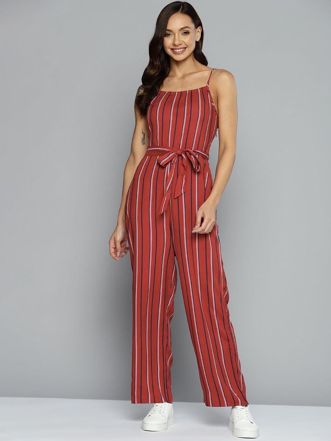 mast & harbour maroon & navy blue striped smocked detail jumpsuit comes with a belt
