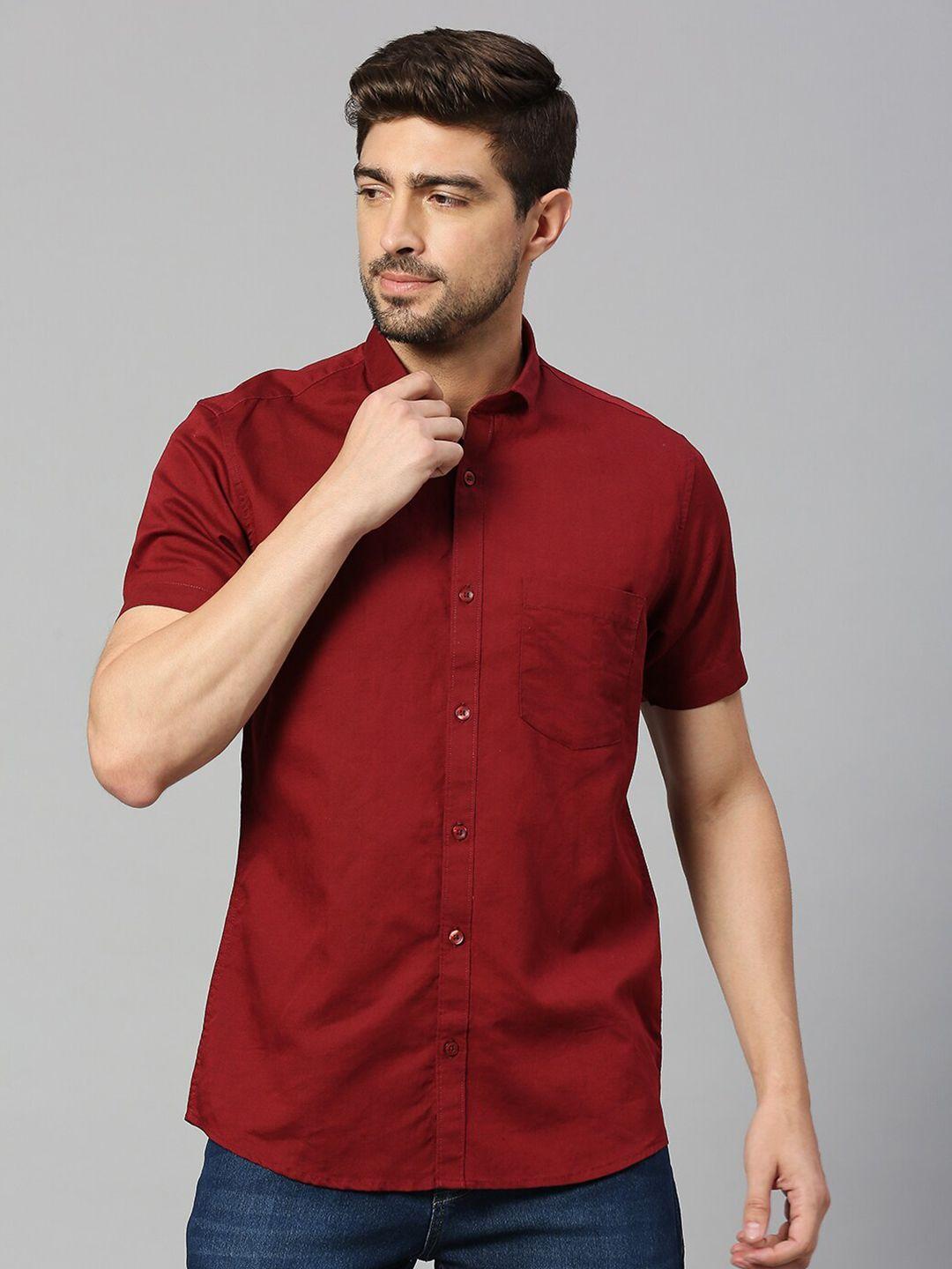 mast & harbour maroon classic slim fit cotton linen casual shirt