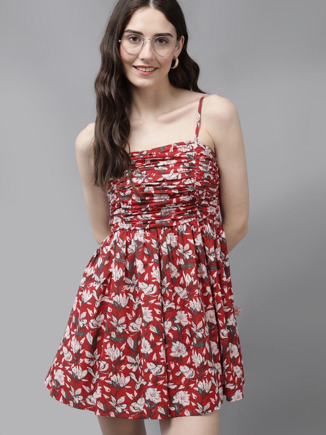 mast & harbour maroon floral printed crepe fit & flare dress