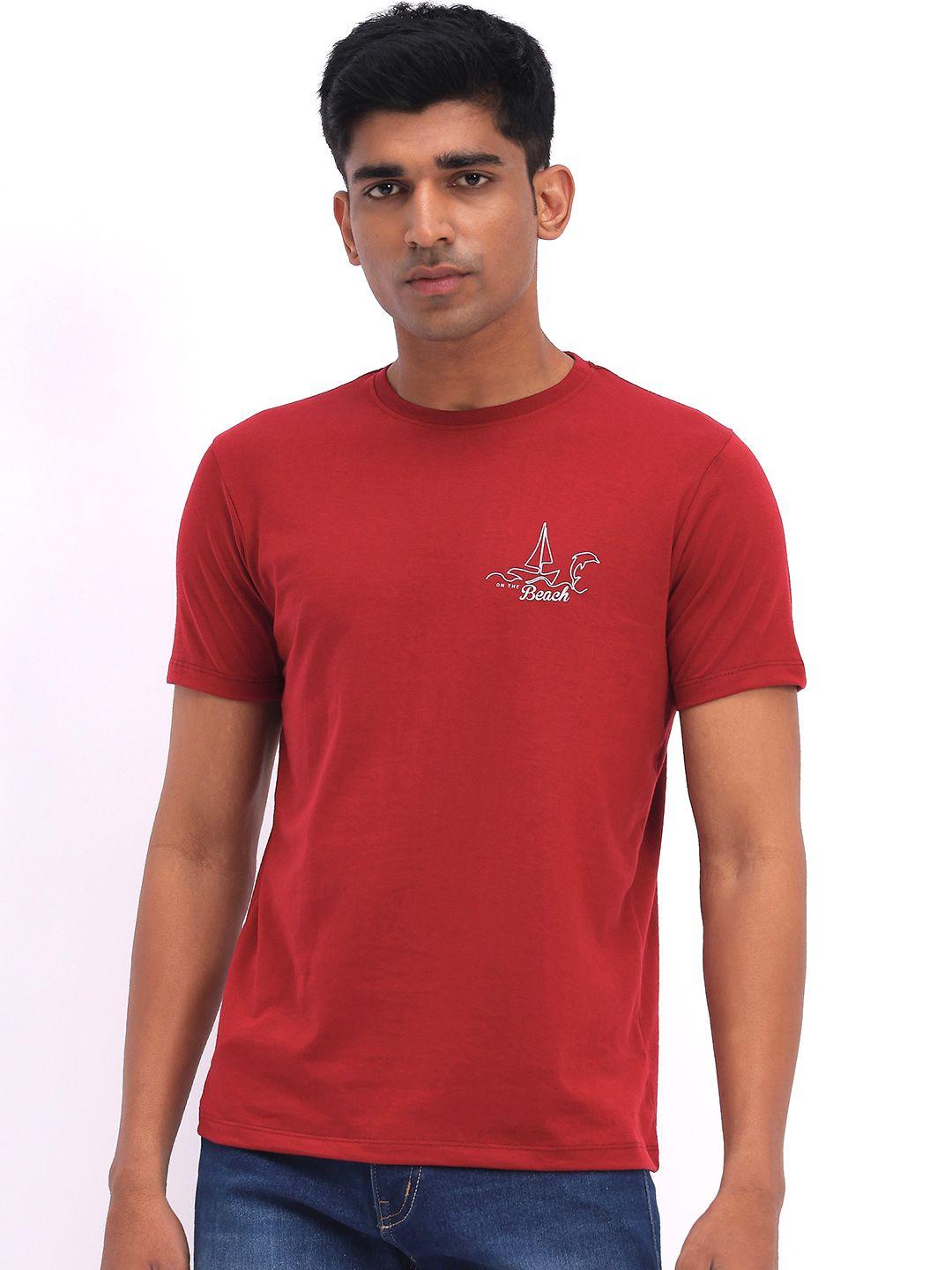 mast & harbour maroon graphic printed round neck cotton regular t-shirt