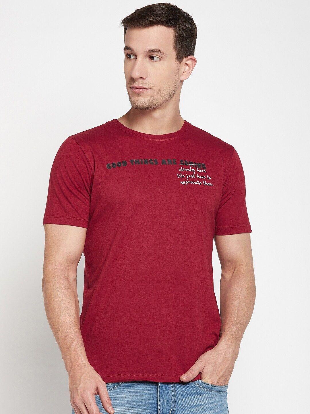 mast & harbour maroon typography printed pure cotton t-shirt