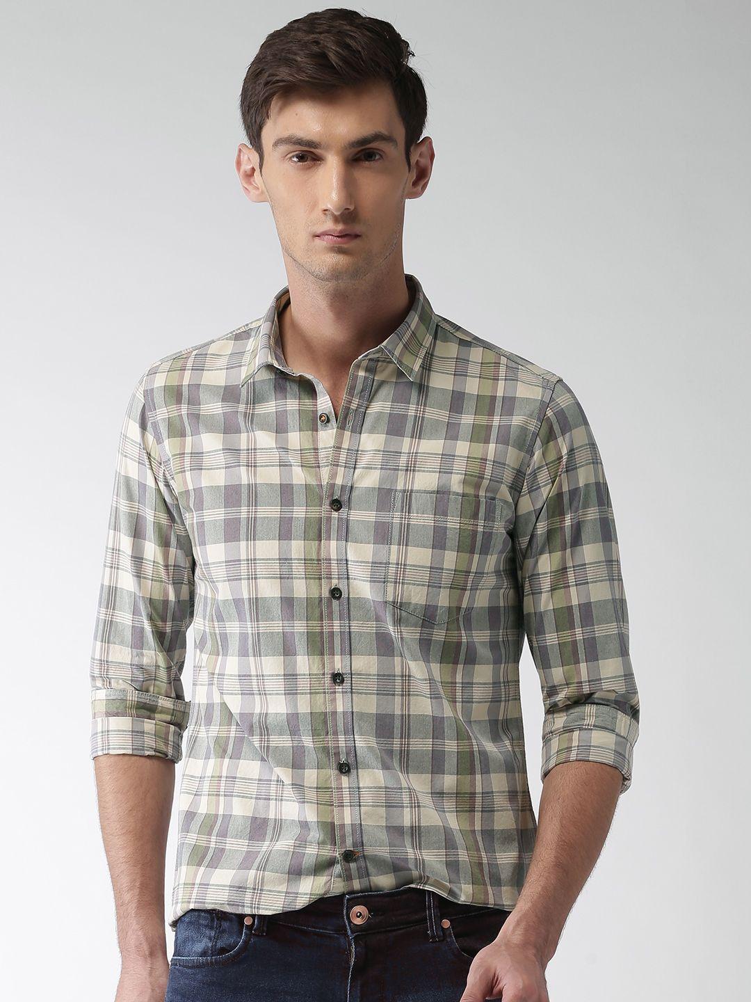 mast & harbour men beige & grey slim fit checked sustainable casual sustainable shirt