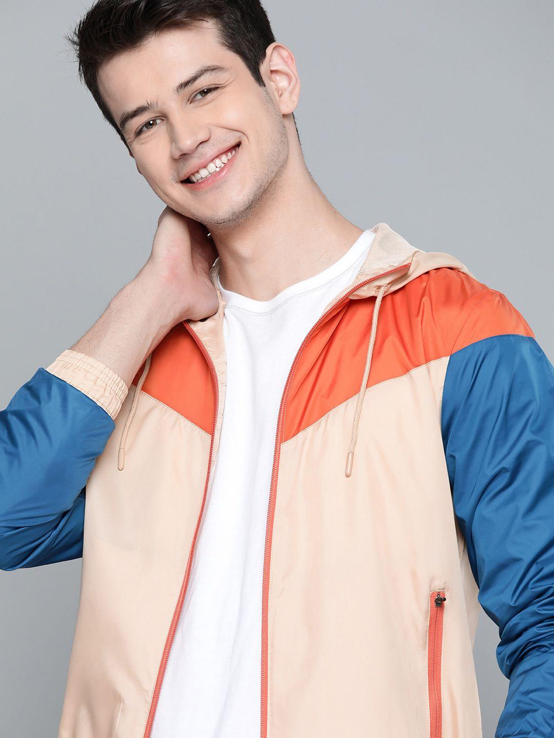 mast & harbour men beige and orange colourblocked lightweight bomber jacket