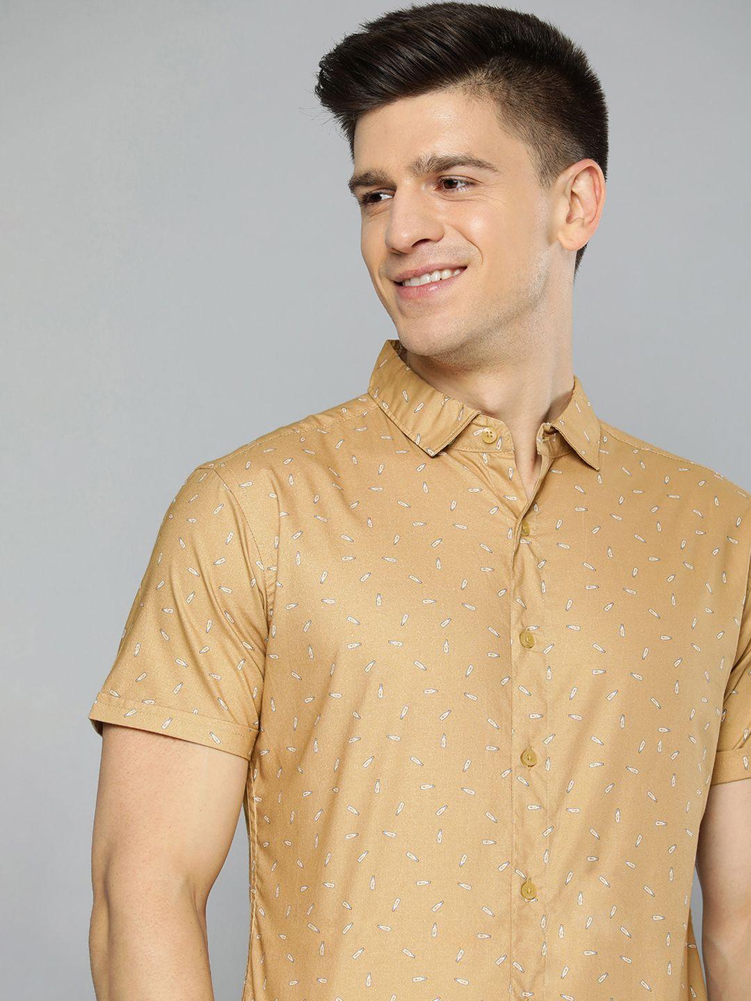 mast & harbour men beige regular fit classic printed cotton casual shirt