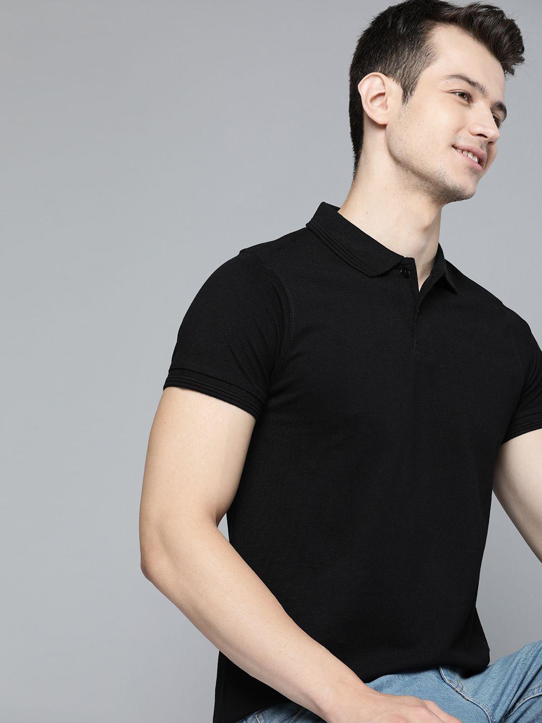mast & harbour men black handcrafted polo collar solid t-shirt