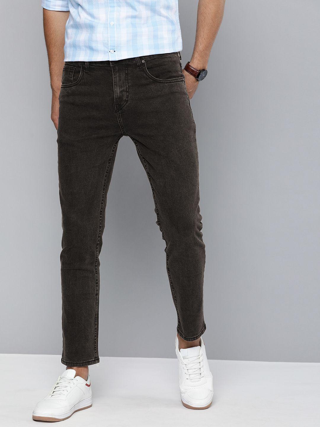 mast & harbour men black slim tapered fit mid-rise clean look stretchable cropped  jeans