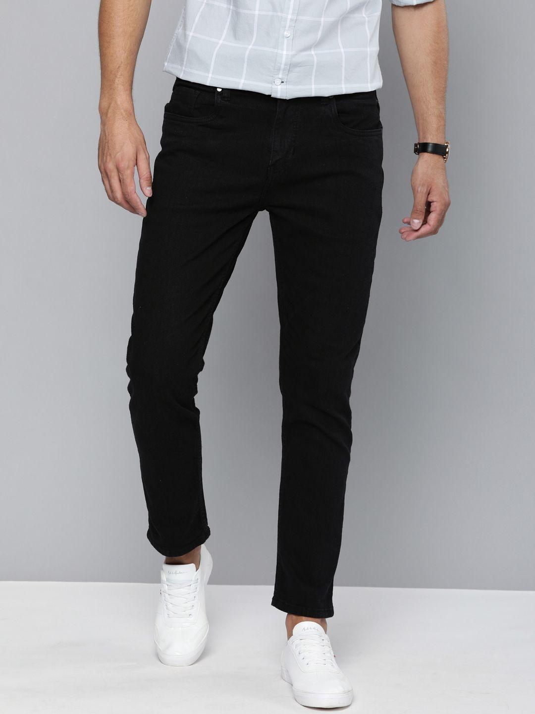 mast & harbour men black slim tapered fit mid-rise clean look stretchable jeans