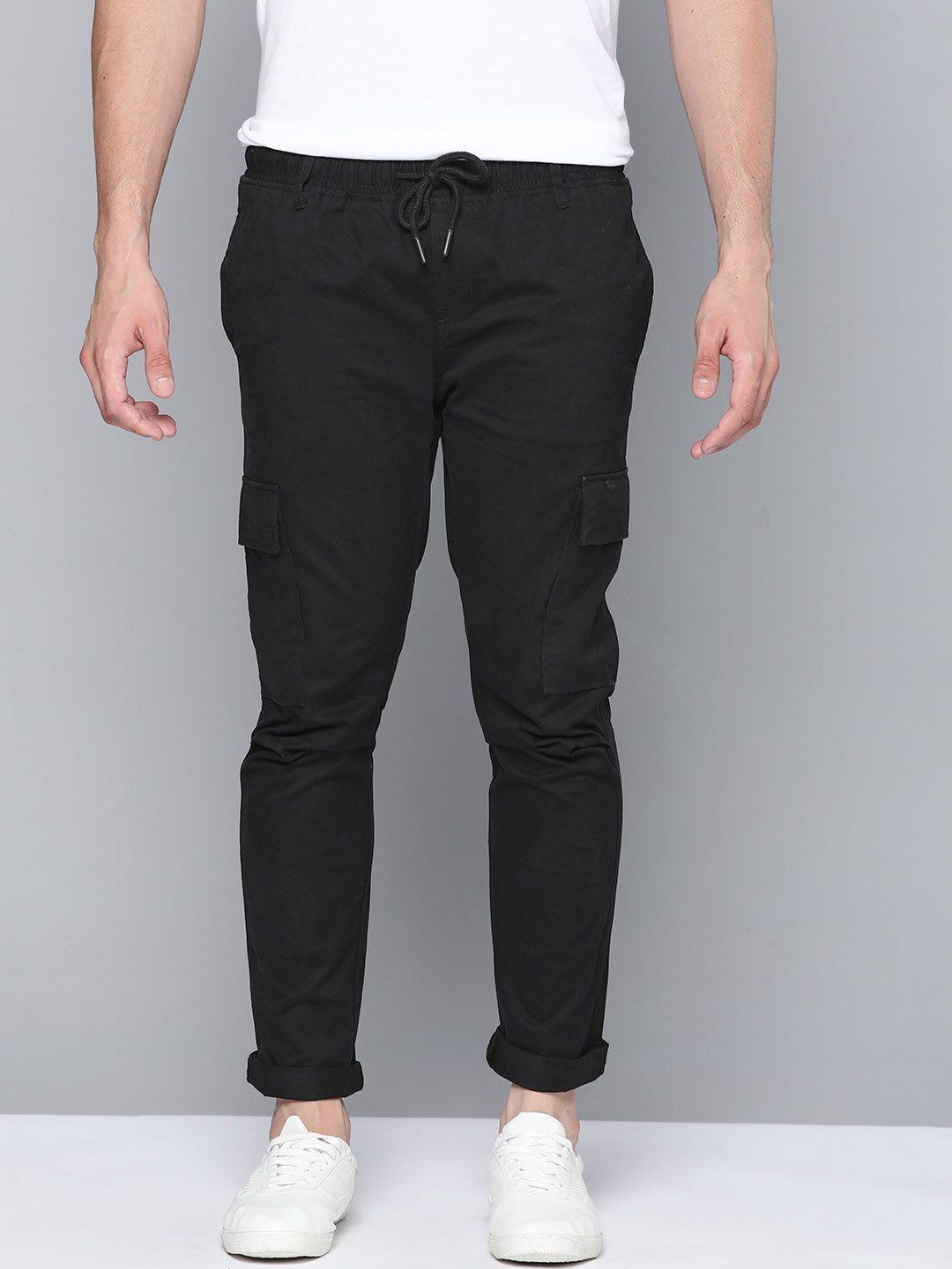 mast & harbour men black solid cargos trousers