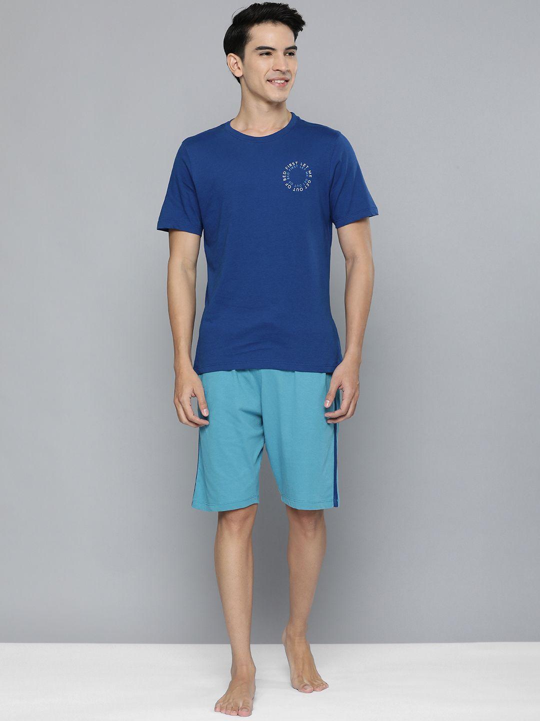 mast & harbour men blue & turquoise blue printed t-shirt with shorts