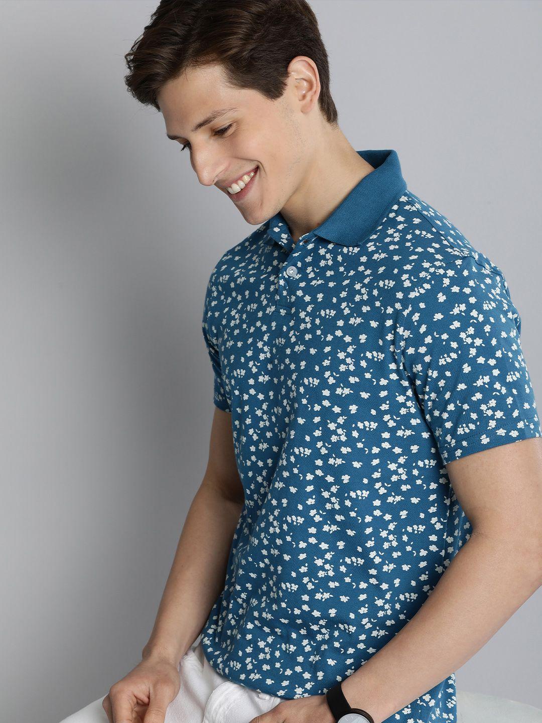 mast & harbour men blue & white ditsy floral printed polo collar pure cotton t-shirt